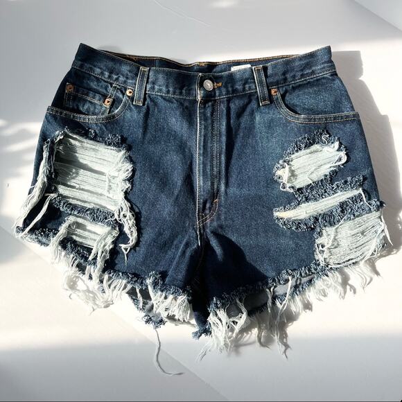 Vintage Levi’s Jean Shorts 30" Custom Distressed High Rise‎ Blue Denim Dark Wash - Picture 1 of 13